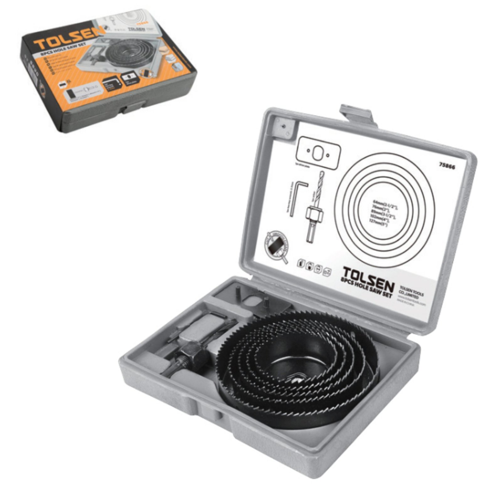 Комплект коронок по дереву 8 предметів 64-127мм, Tolsen (30 шт)