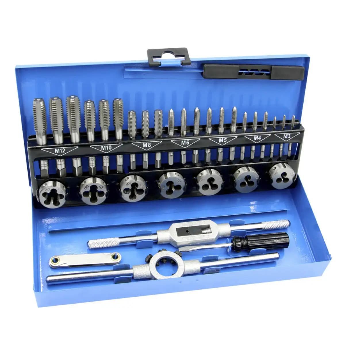 Набір мітчиків та плашок 32 од. (М3,М4,М5,М6,М8,М10,М12, тримачі 2шт., різьбомір, викрутка) (WERK)