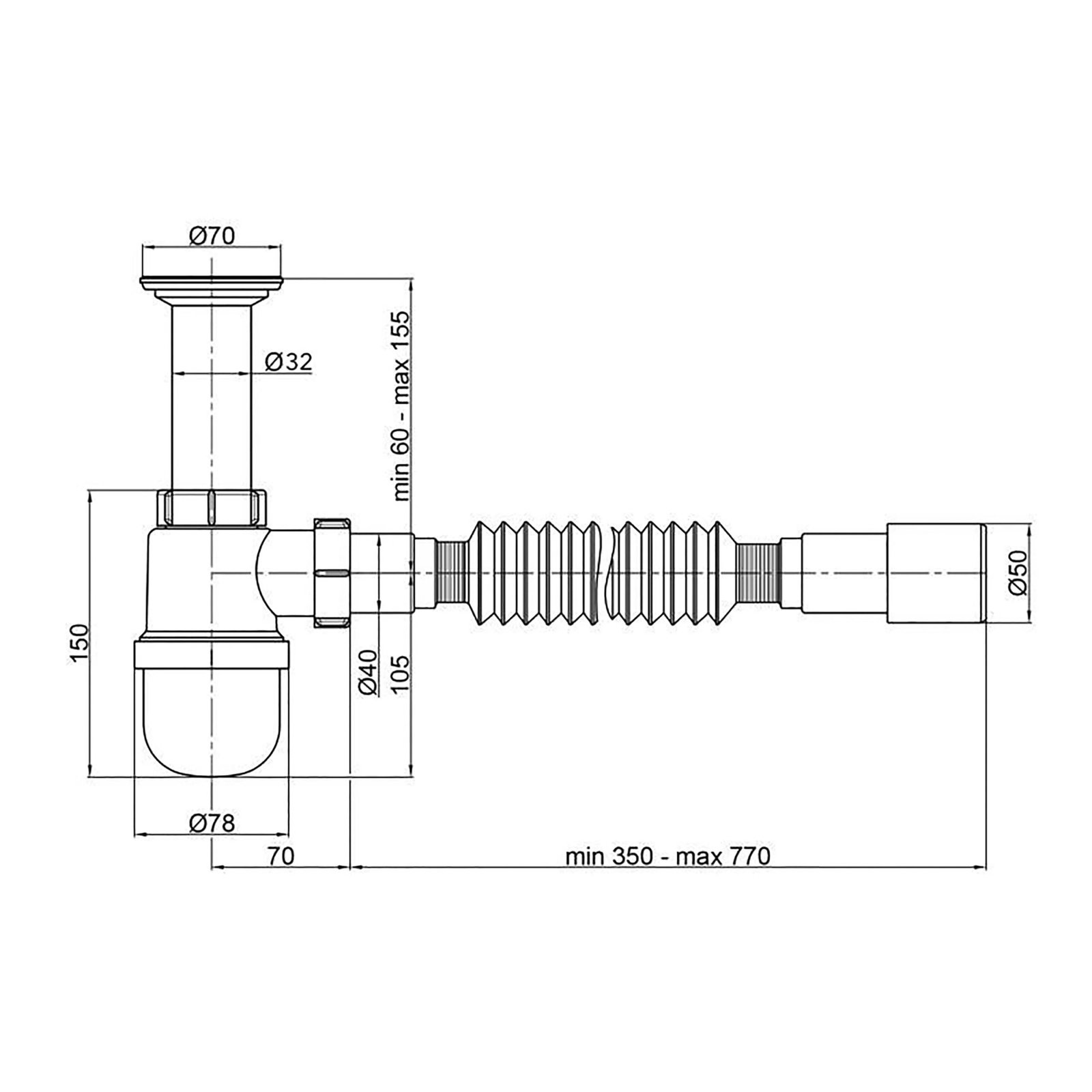 80196 | Сифон для умивальника PLM 1 1/4″x40 з литим випуском/з гофротрубою 40×40/50 PM 40 SF 10 02