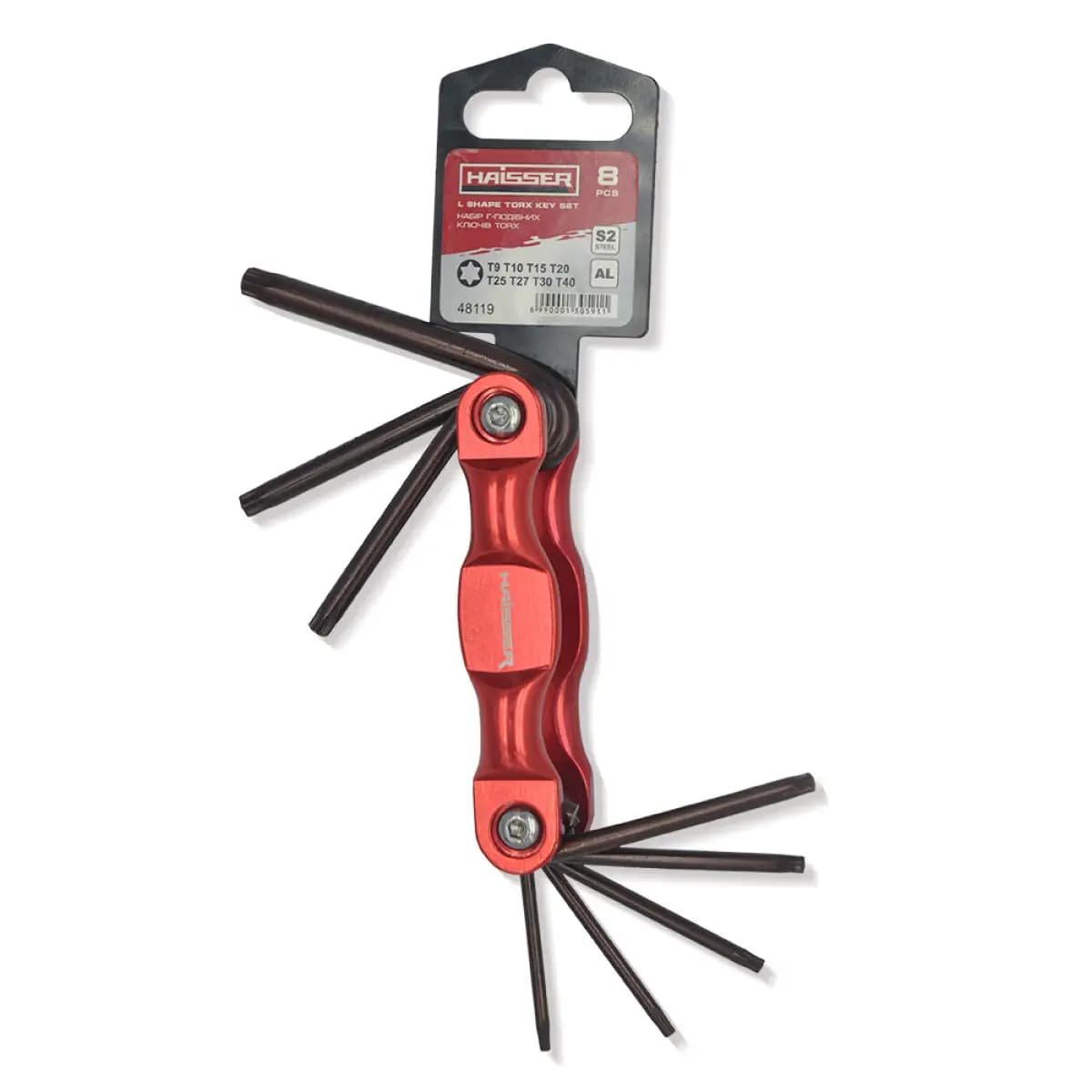Набір розкладний Г-подібних ключів TORX 8 од., T9-T40, алюм. корпус, HAISSER
